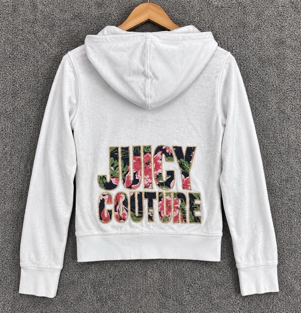 Juicy Couture White Velour Full Zip Hooded Logo Hoodie Women’s Medium